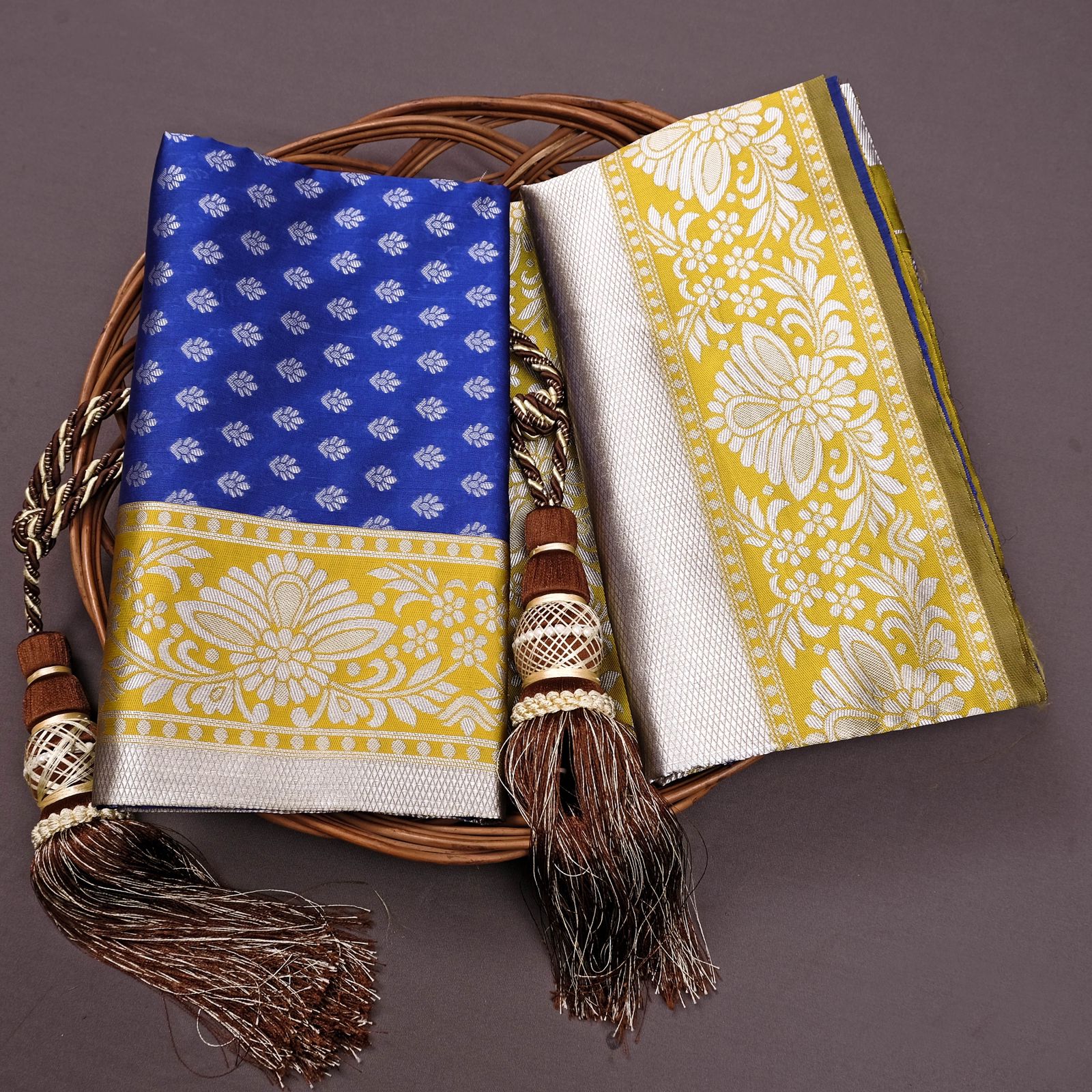 Blue & Yellow Golden Boarder Bangoli Pure Silk Saree