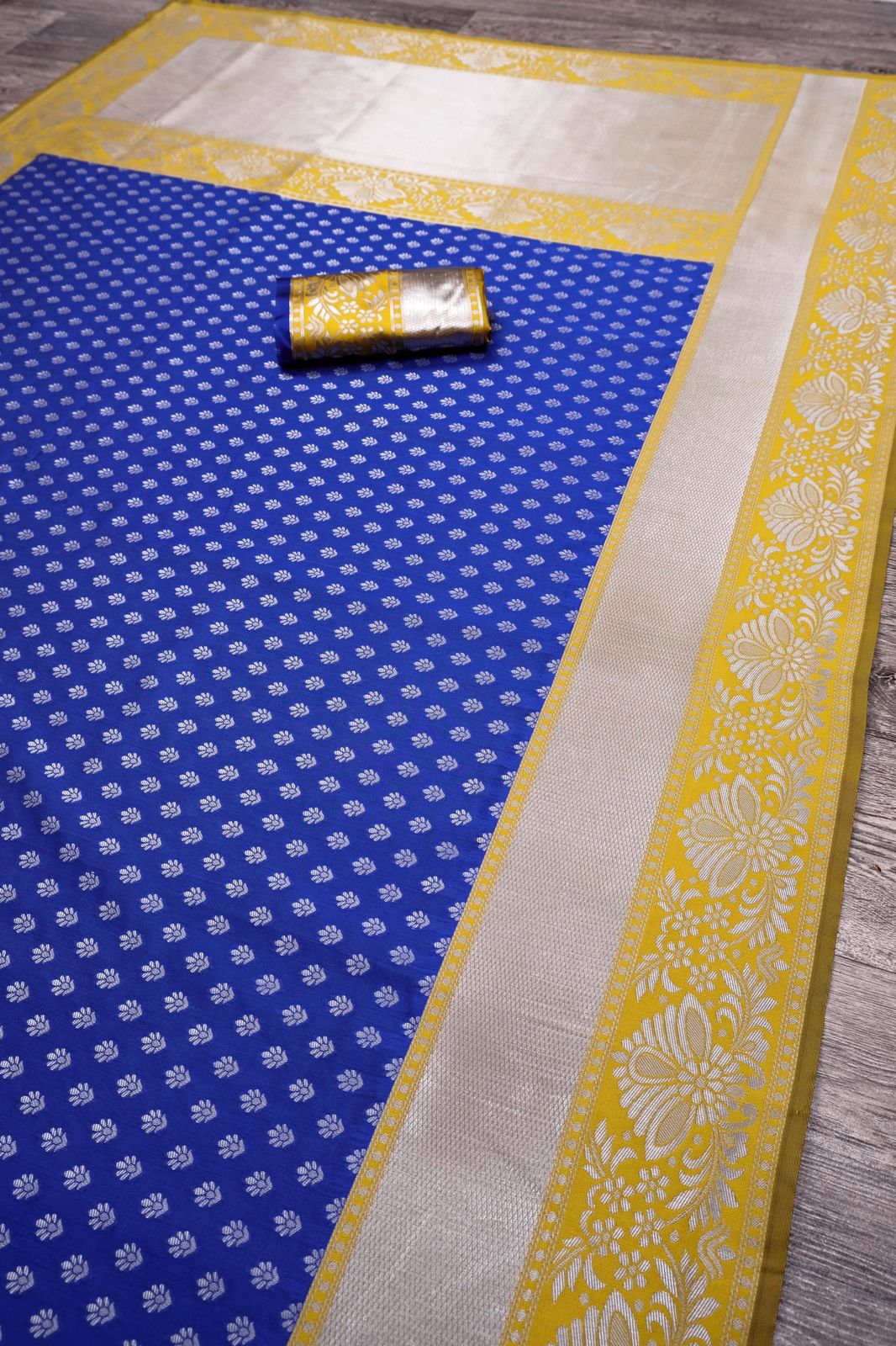 Blue & Yellow Golden Boarder Bangoli Pure Silk Saree