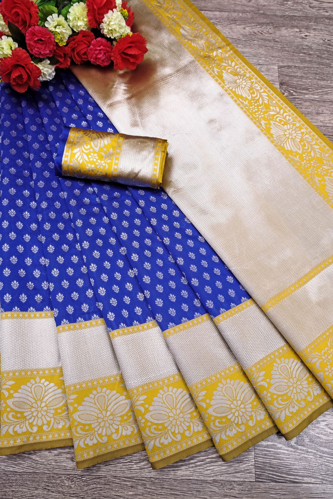 Blue & Yellow Golden Boarder Bangoli Pure Silk Saree