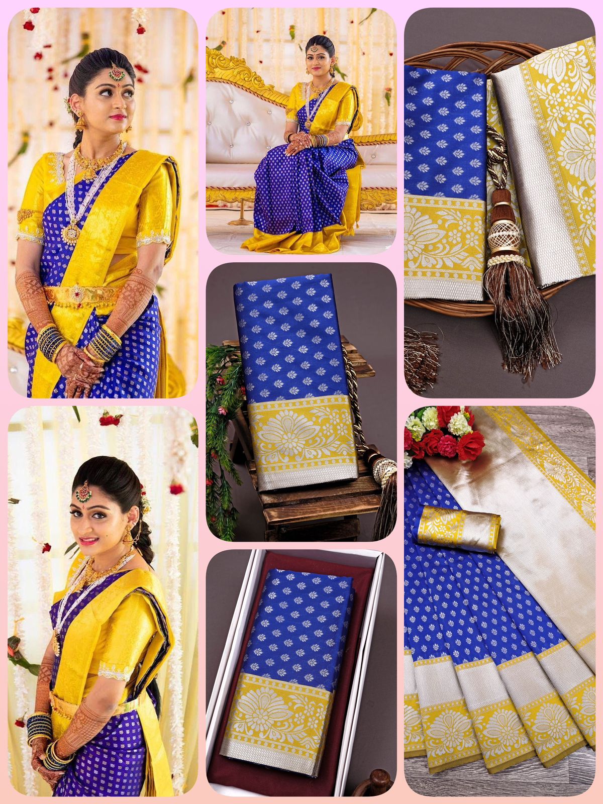 Blue & Yellow Golden Boarder Bangoli Pure Silk Saree