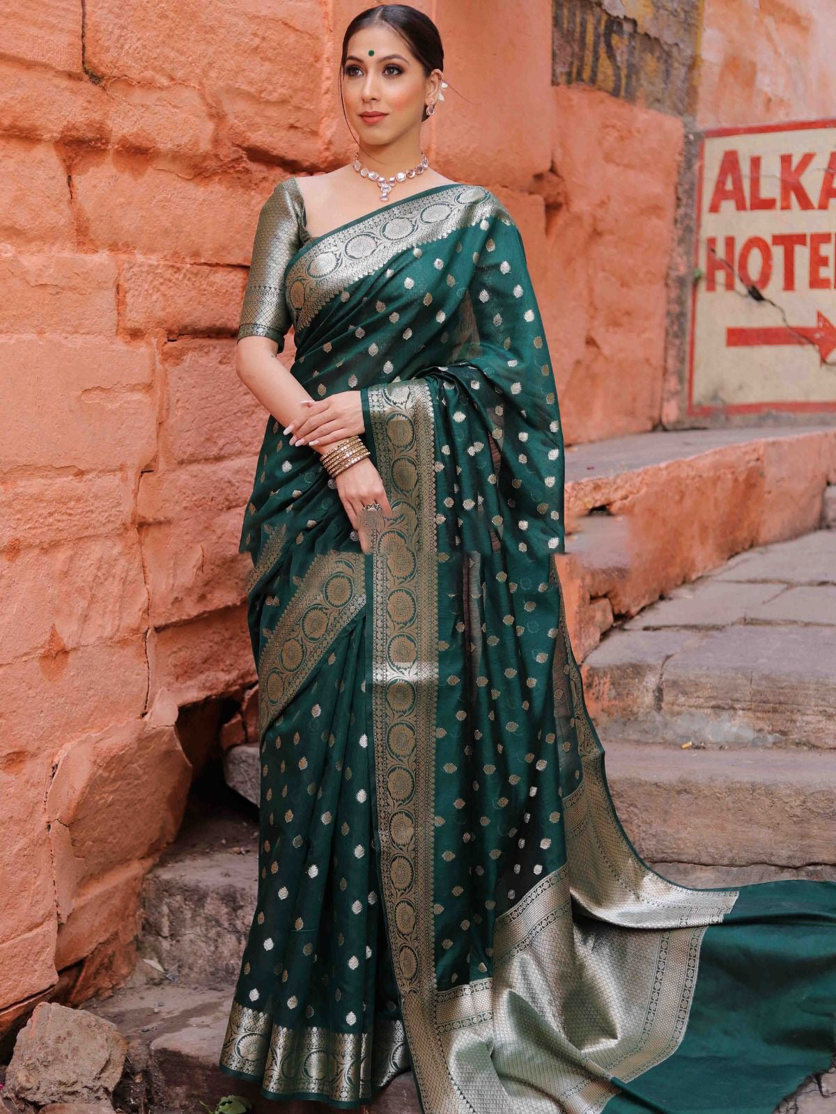 Green Silver Boarder Banarasee Pure Silk Saree