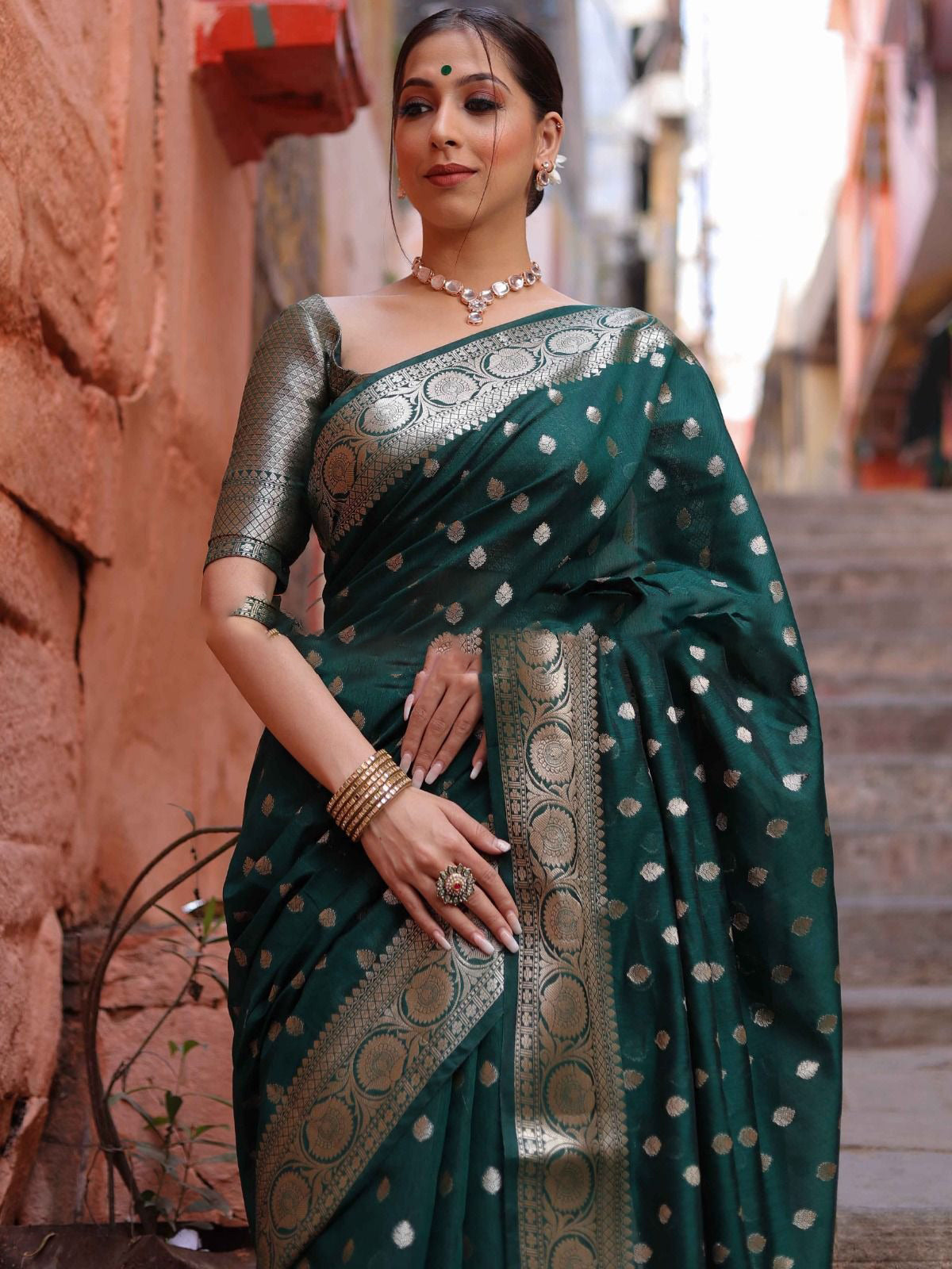 Green Silver Boarder Banarasee Pure Silk Saree