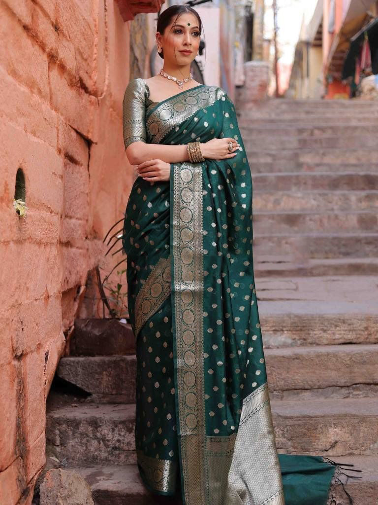 Green Silver Boarder Banarasee Pure Silk Saree