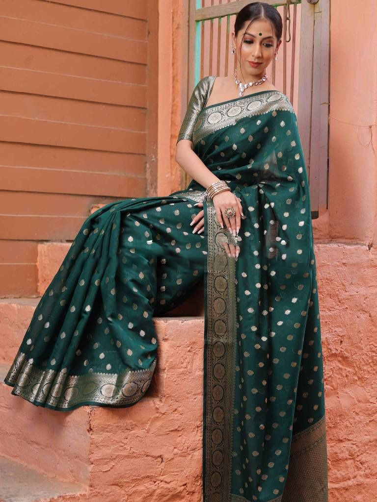 Green Silver Boarder Banarasee Pure Silk Saree