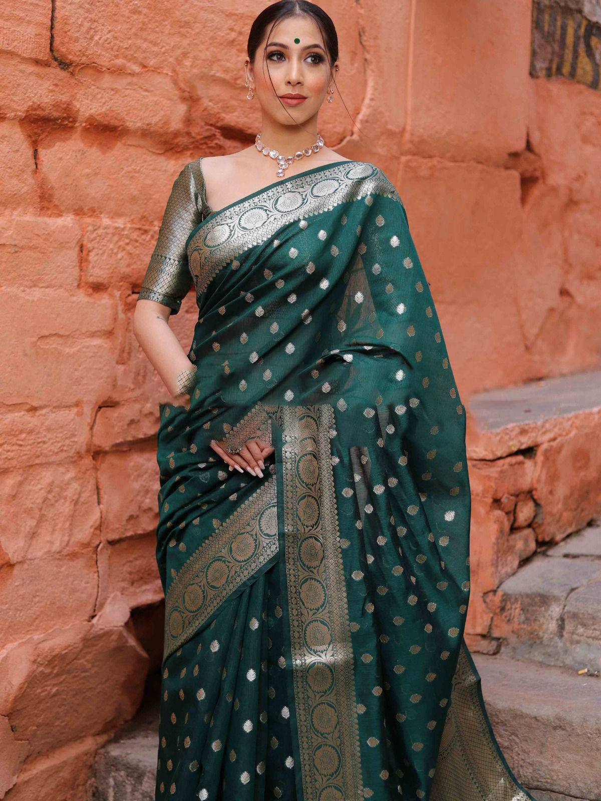 Green Silver Boarder Banarasee Pure Silk Saree