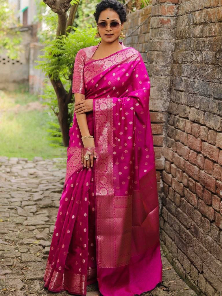 Pink Silver Boarder Banarasee Pure Silk Saree