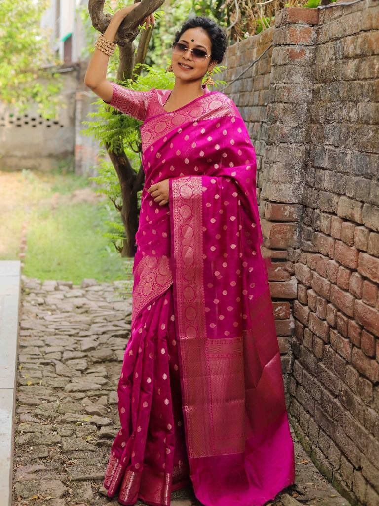 Pink Silver Boarder Banarasee Pure Silk Saree