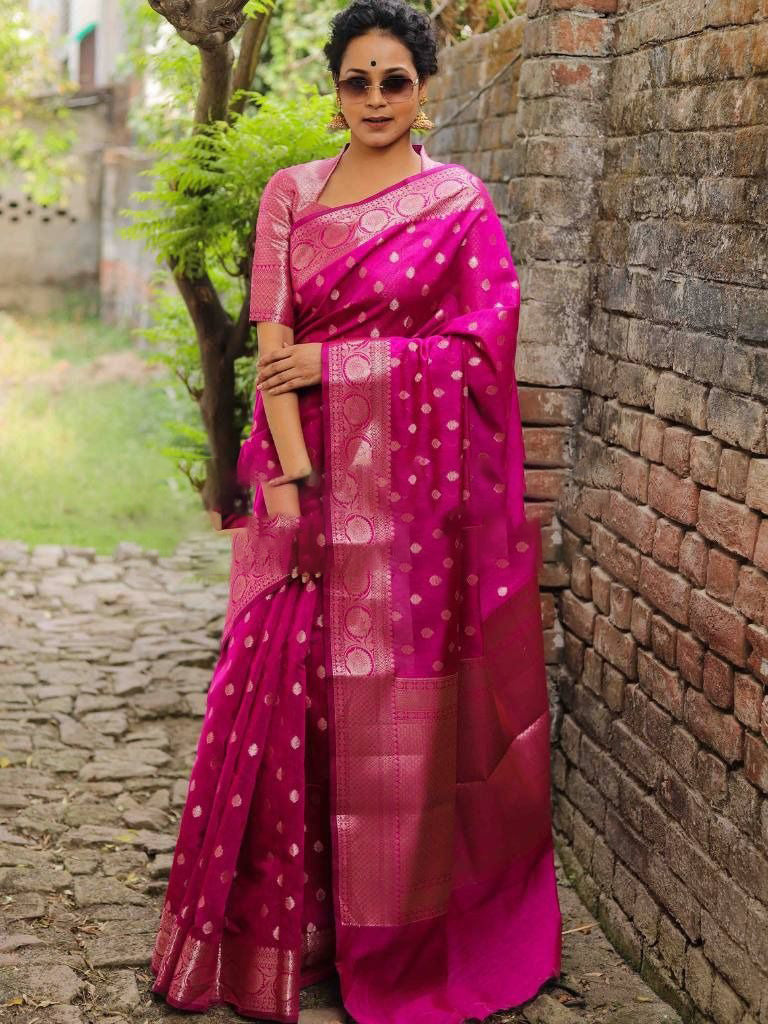 Pink Silver Boarder Banarasee Pure Silk Saree