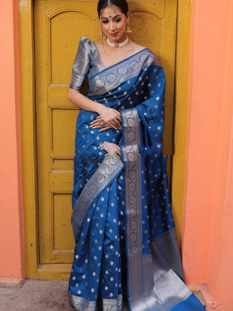 Rama Silver Boarder Banarasee Pure Silk Saree