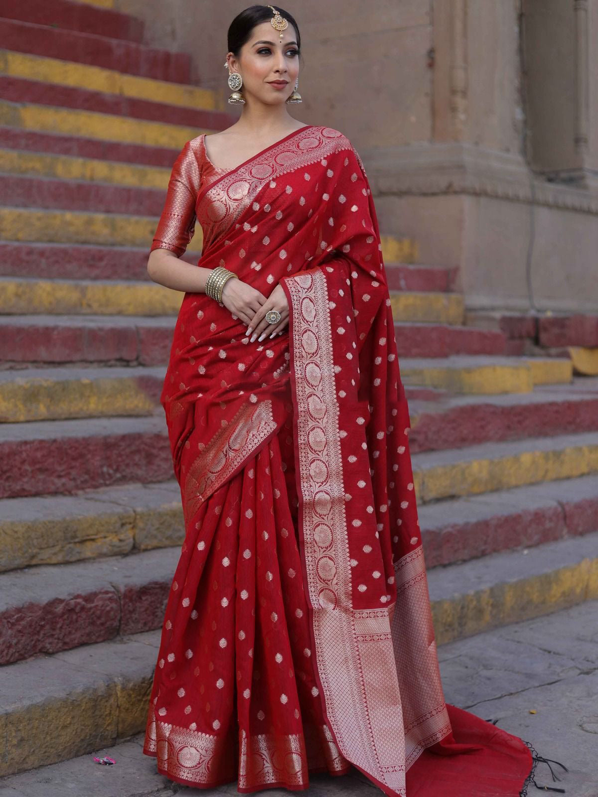 Red Silver Boarder Banarasee Pure Silk Saree