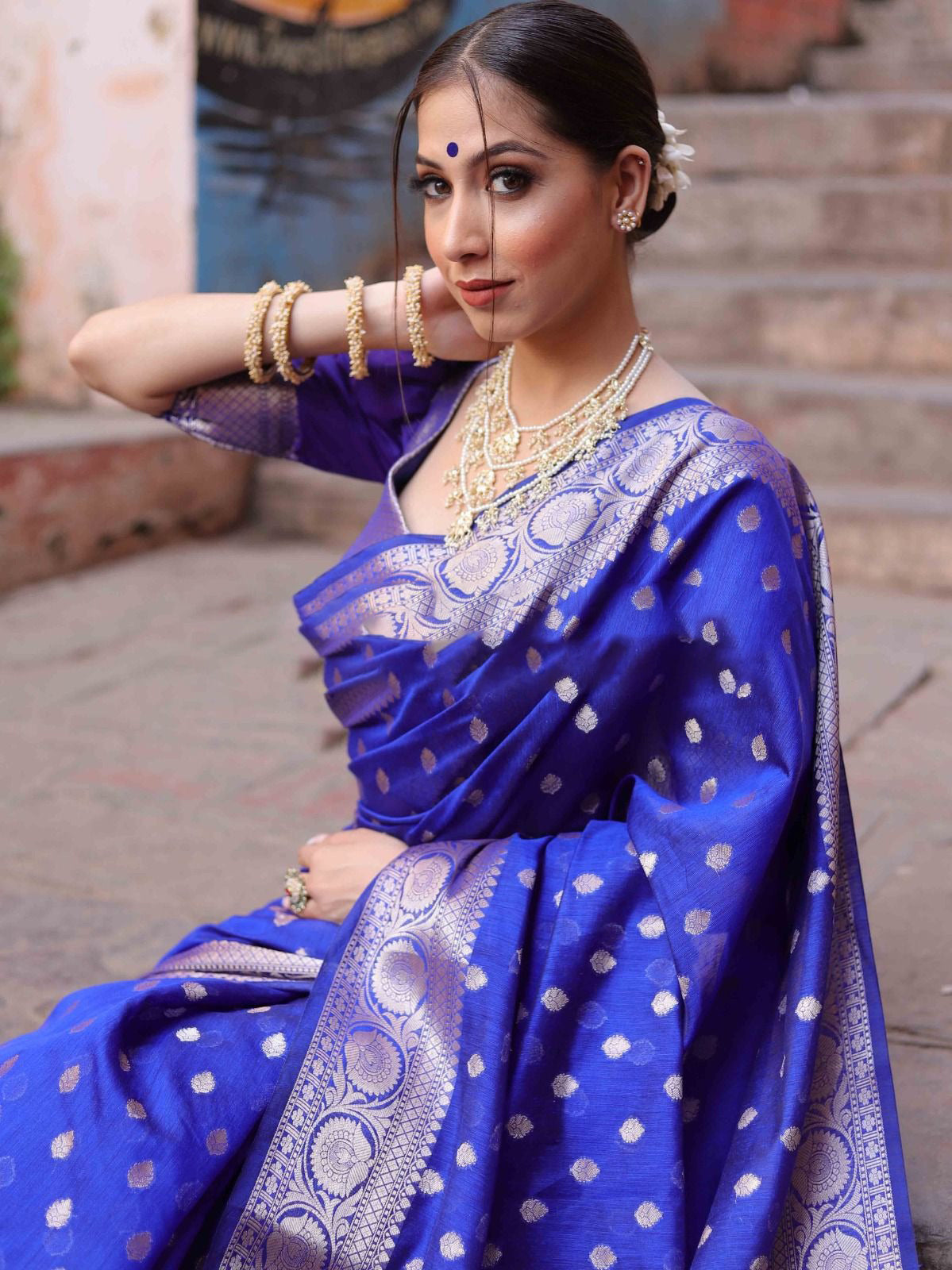 Royal Blue Silver Boarder Banarasee Pure Silk Saree