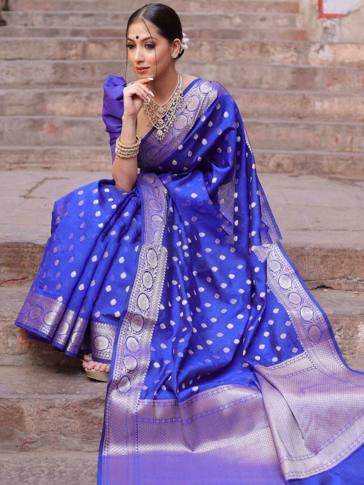 Royal Blue Silver Boarder Banarasee Pure Silk Saree