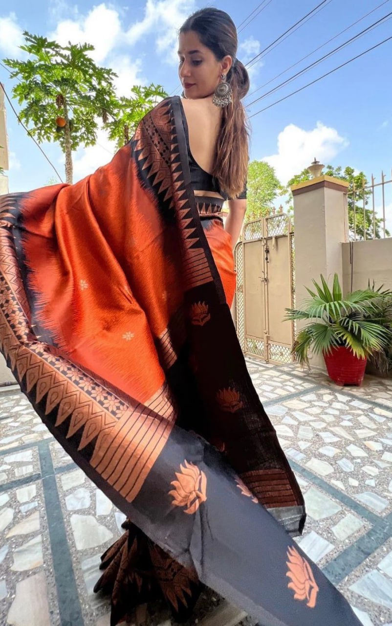 Black & Dark Saffron Golden Boarder  Banushree Pure Silk Saree