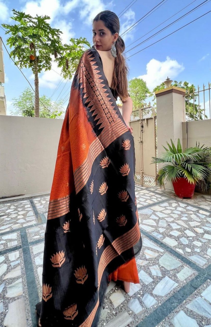 Black & Dark Saffron Golden Boarder  Banushree Pure Silk Saree