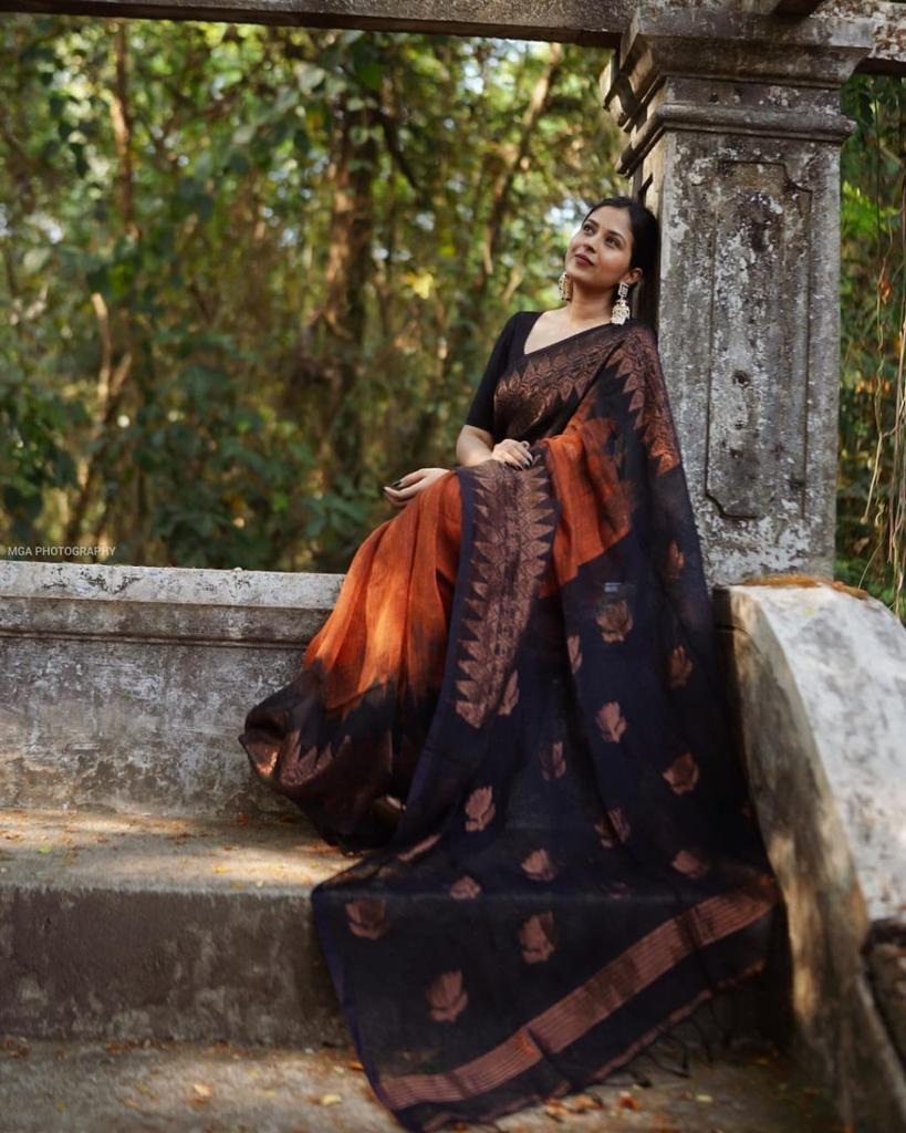 Black & Dark Saffron Golden Boarder  Banushree Pure Silk Saree