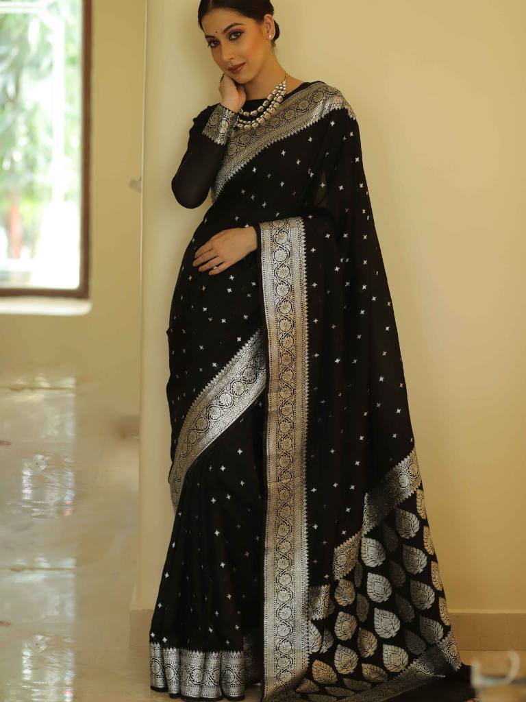 Black Silver Boarder Alpha Kanjivaram Silk Saree