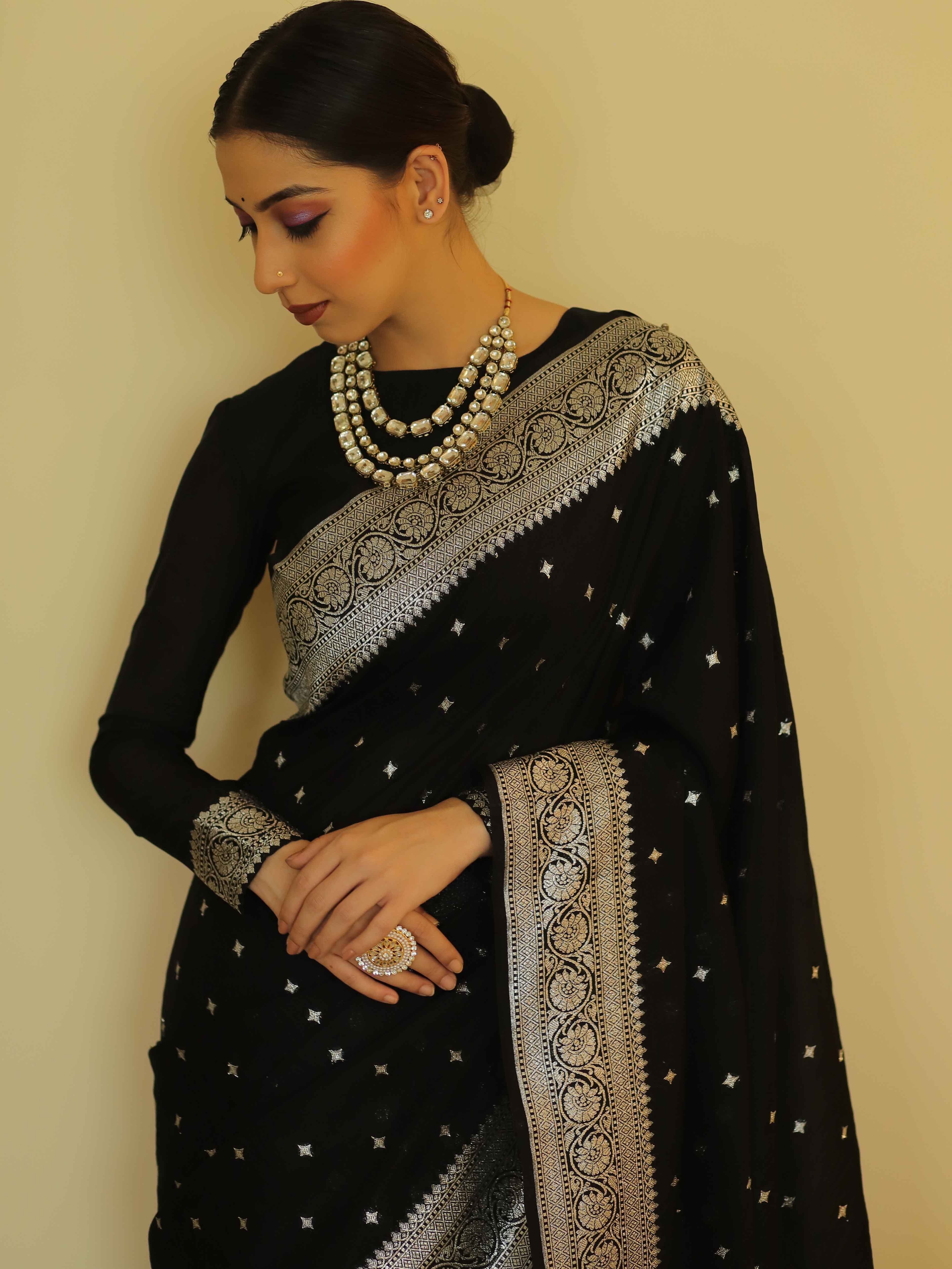 Black Silver Boarder Alpha Kanjivaram Silk Saree