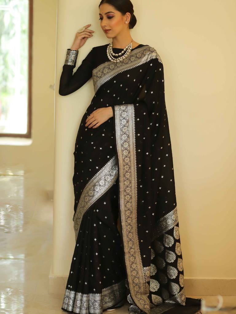 Black Silver Boarder Alpha Kanjivaram Silk Saree