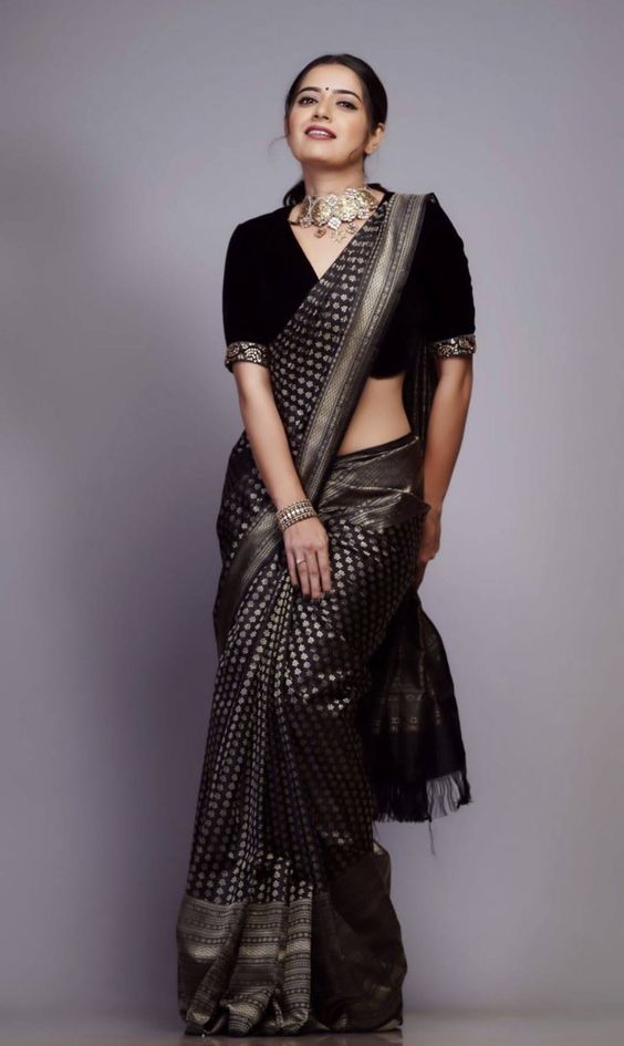 Copy of Black Silver Design Boarder Dola Silk Saree