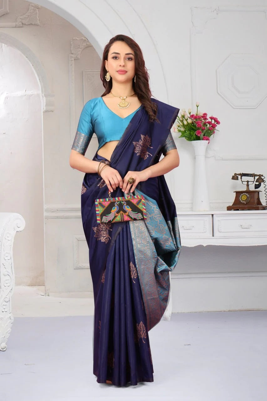 Blue Yellow Design Boarder Hill Dola Silk Saree