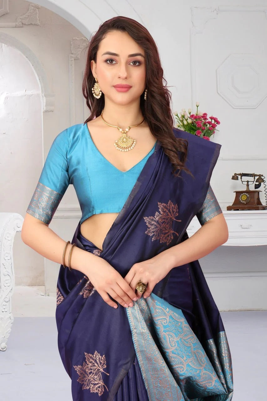 Blue Yellow Design Boarder Hill Dola Silk Saree