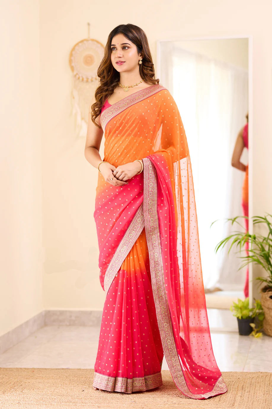 Pink and Orange Boarder BM Georgette Saree