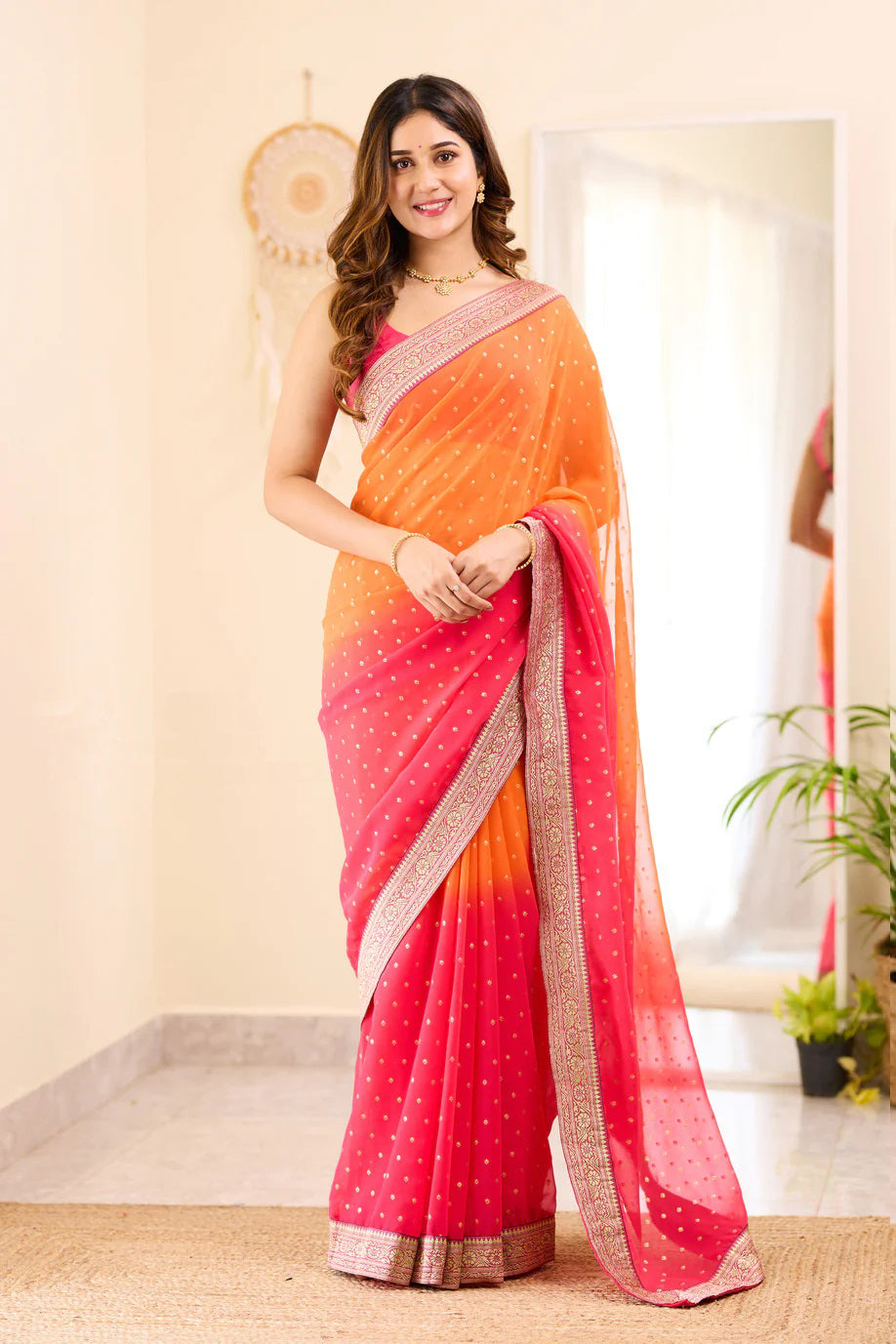 Pink and Orange Boarder BM Georgette Saree