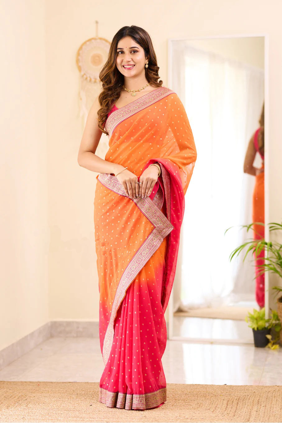 Pink and Orange Boarder BM Georgette Saree