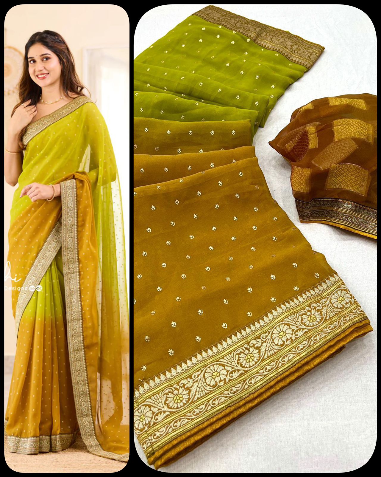 Mehndi and Green Boarder BM Georgette Saree