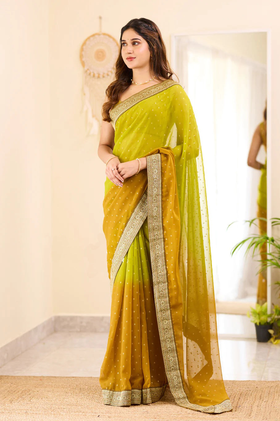 Mehndi and Green Boarder BM Georgette Saree