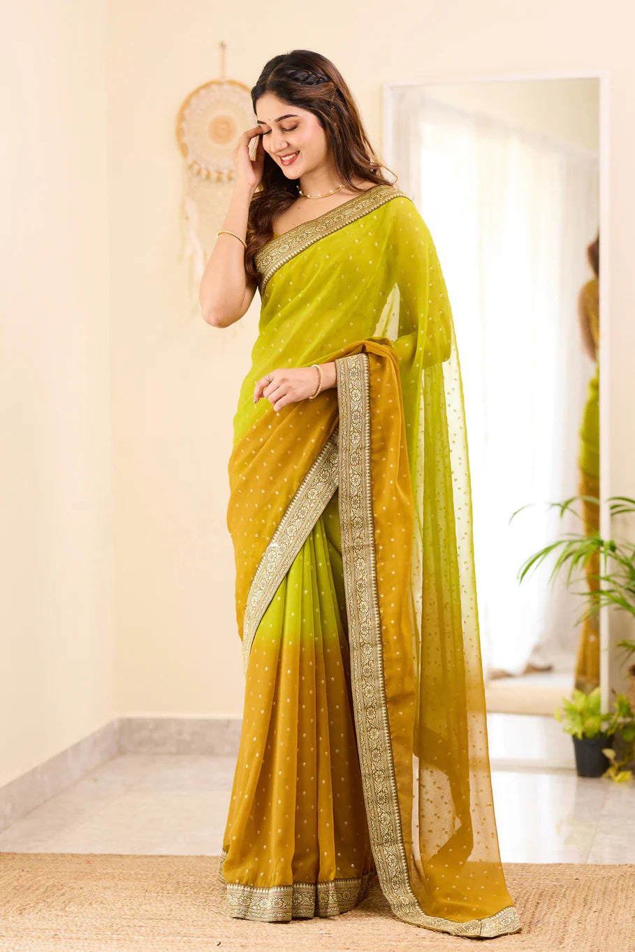 Mehndi and Green Boarder BM Georgette Saree