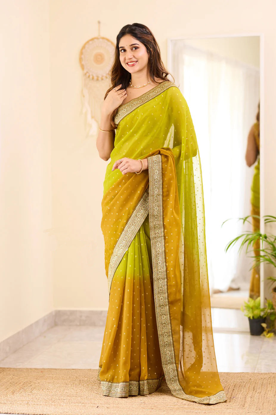 Mehndi and Green Boarder BM Georgette Saree