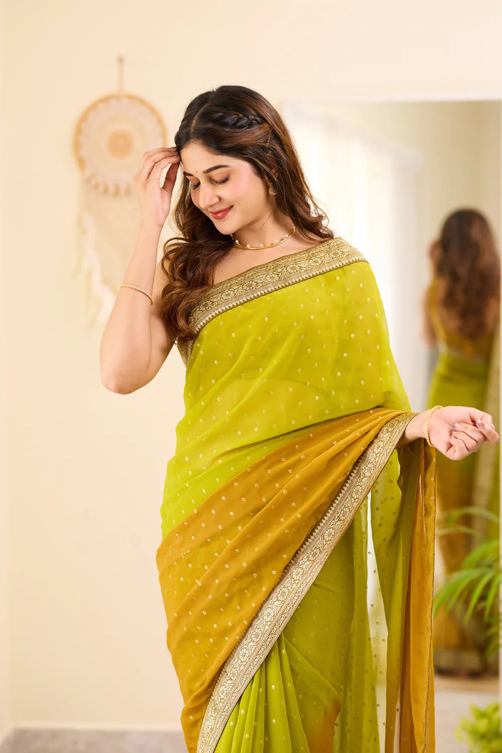 Mehndi and Green Boarder BM Georgette Saree