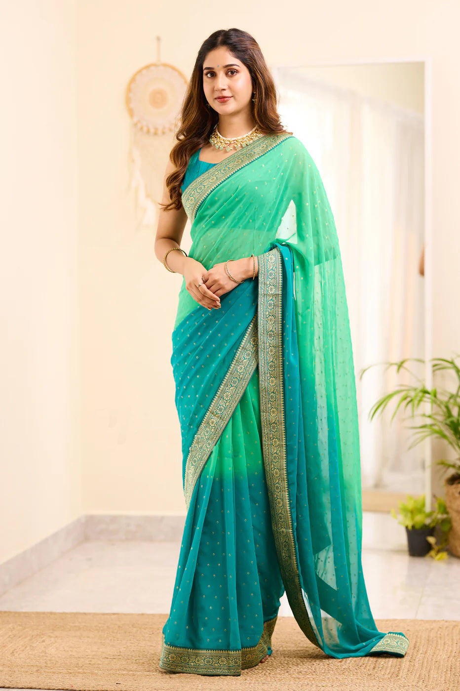 Aqua and Sky Boarder BM Georgette Saree