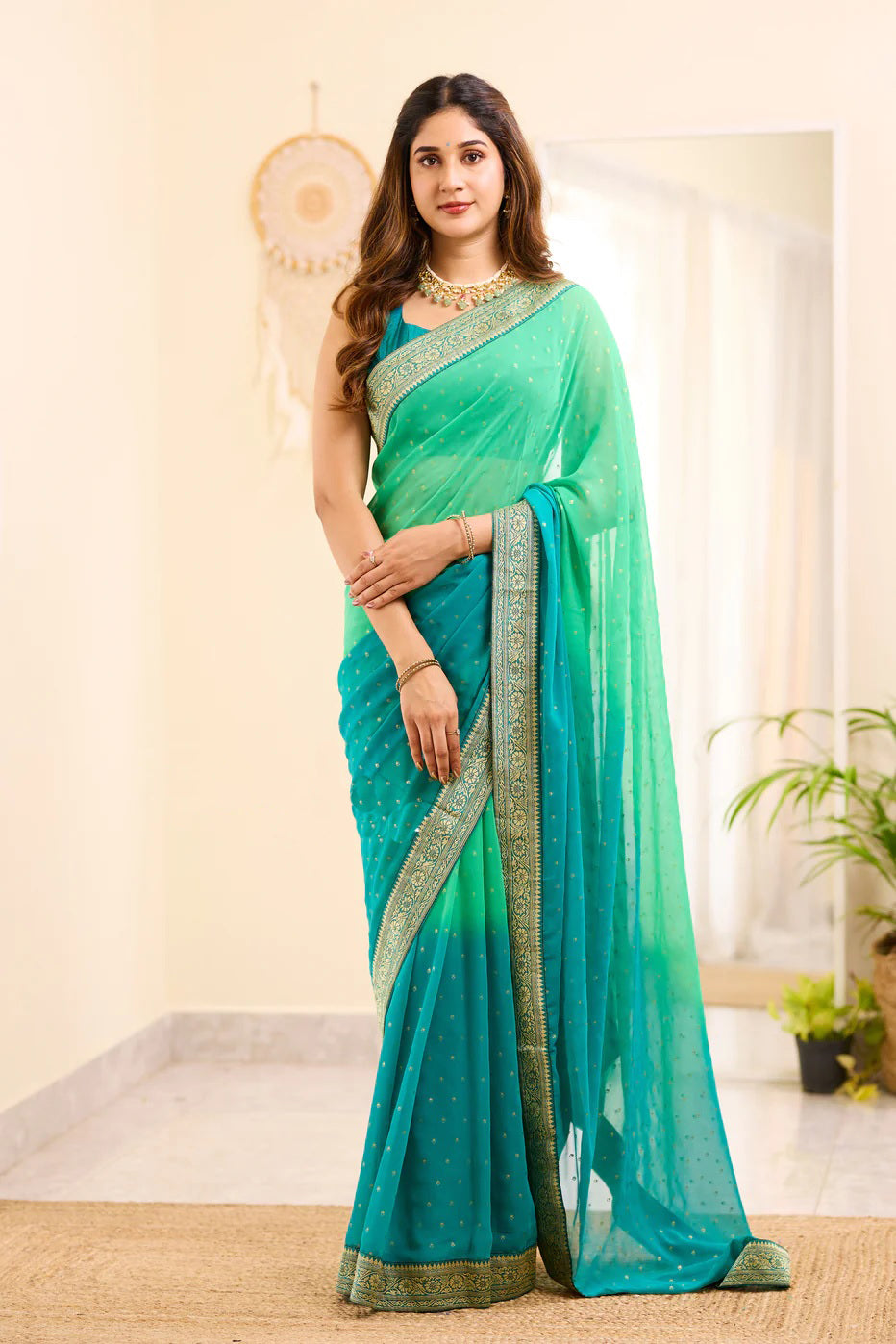 Aqua and Sky Boarder BM Georgette Saree