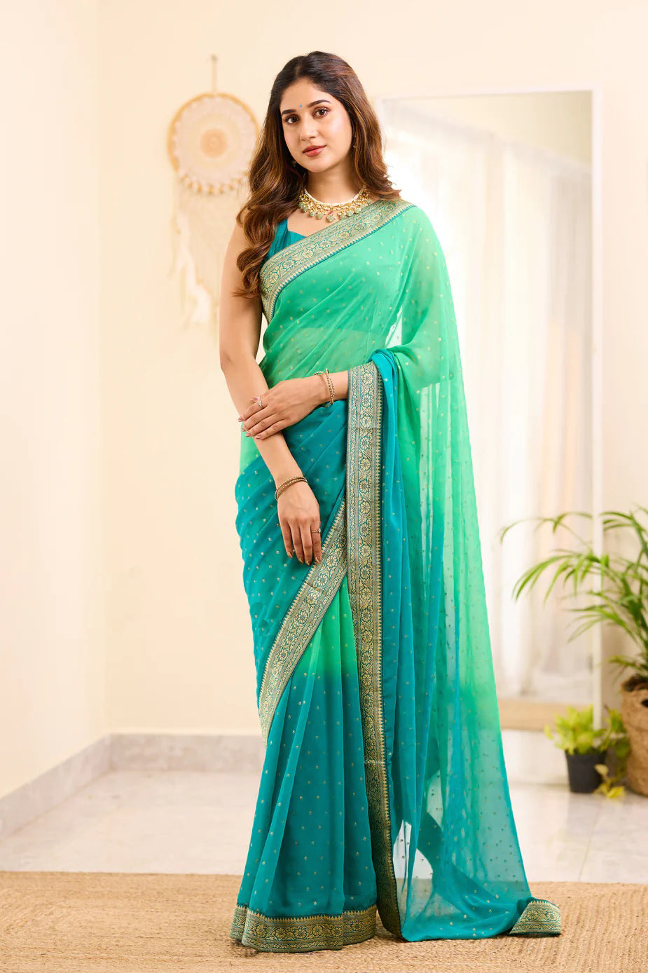 Aqua and Sky Boarder BM Georgette Saree