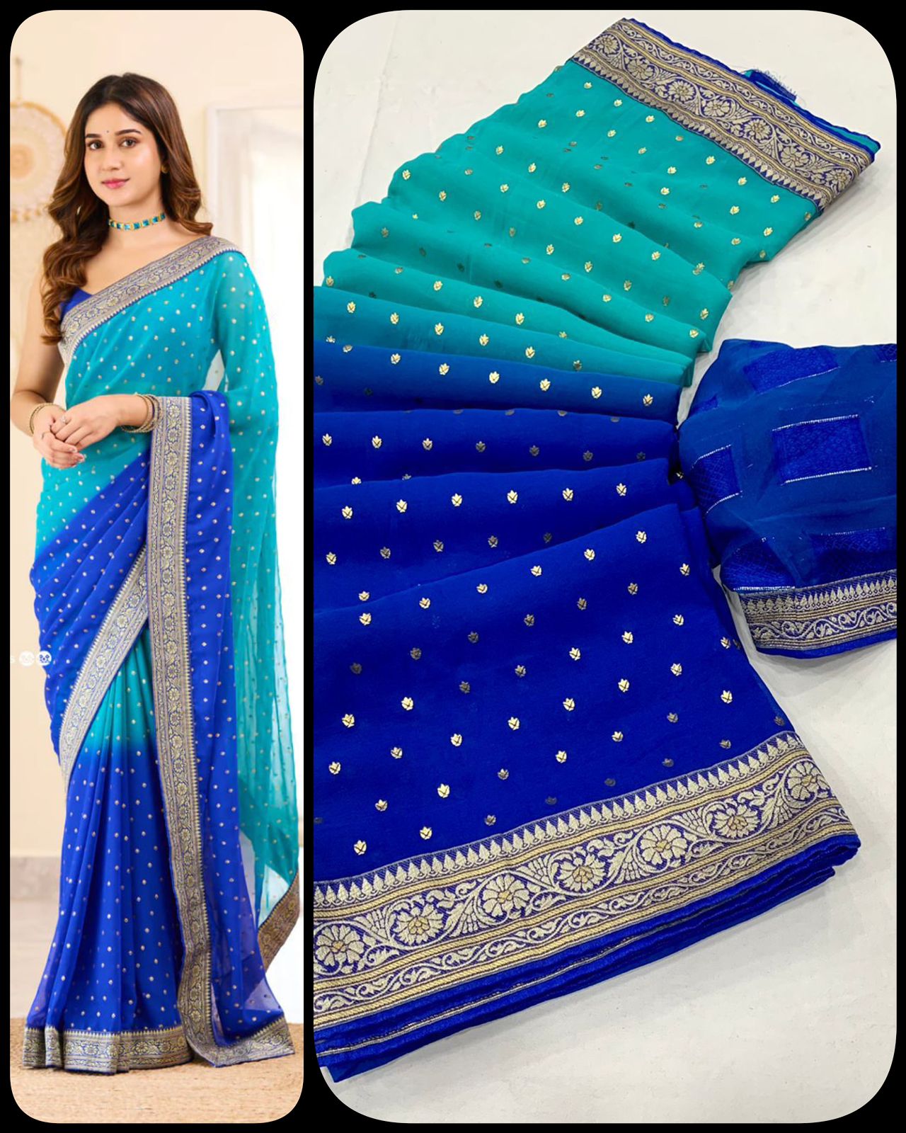 Aqua and Blue Boarder BM Georgette Saree