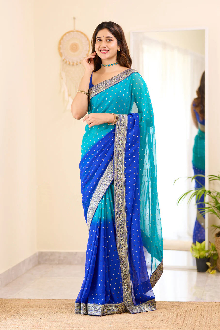 Aqua and Blue Boarder BM Georgette Saree