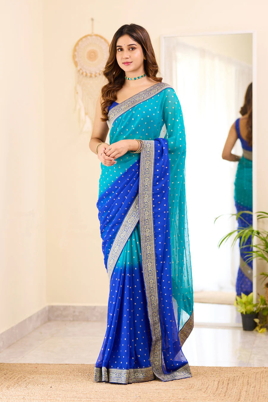 Aqua and Blue Boarder BM Georgette Saree