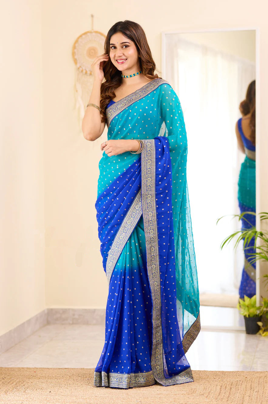 Aqua and Blue Boarder BM Georgette Saree