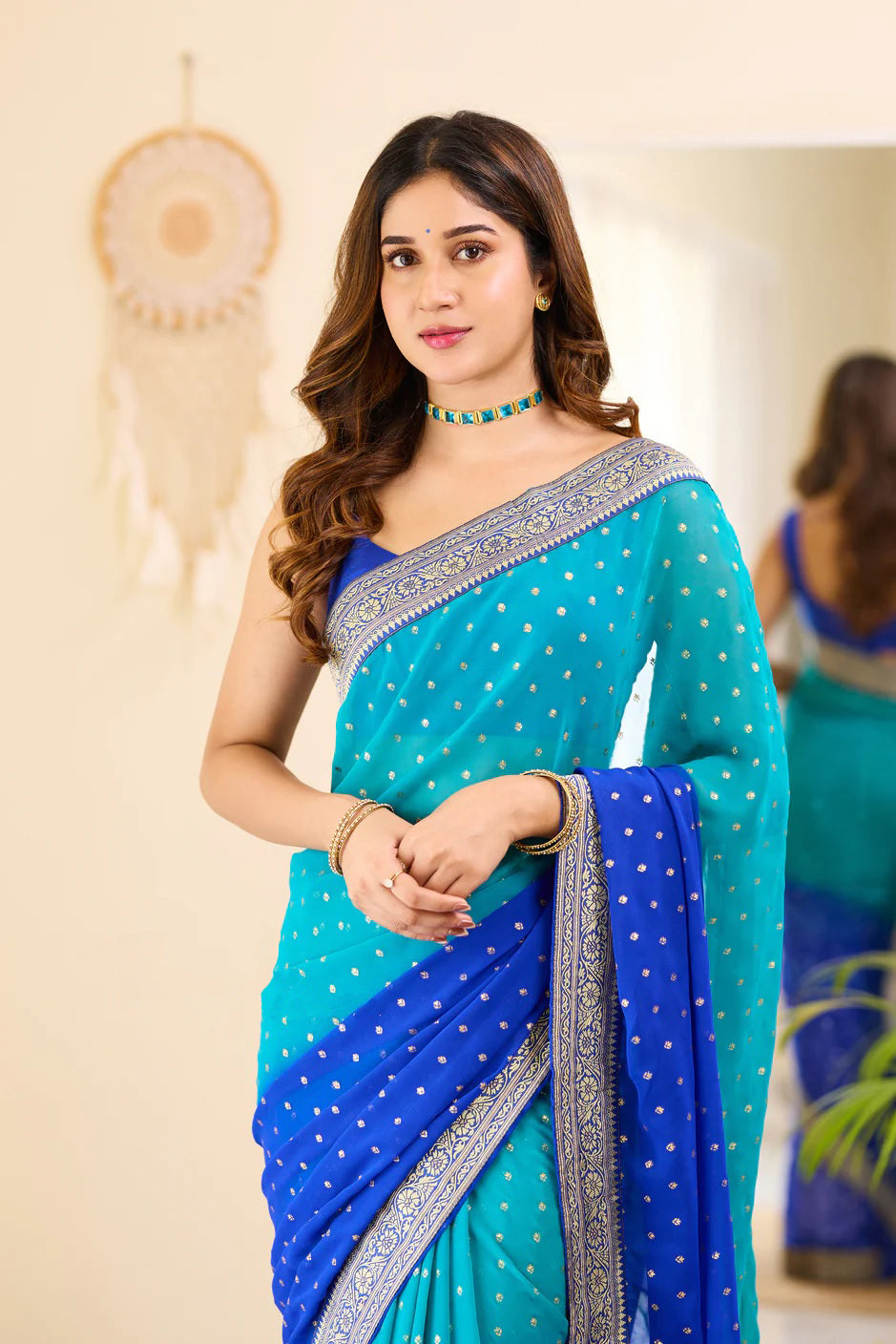 Aqua and Blue Boarder BM Georgette Saree