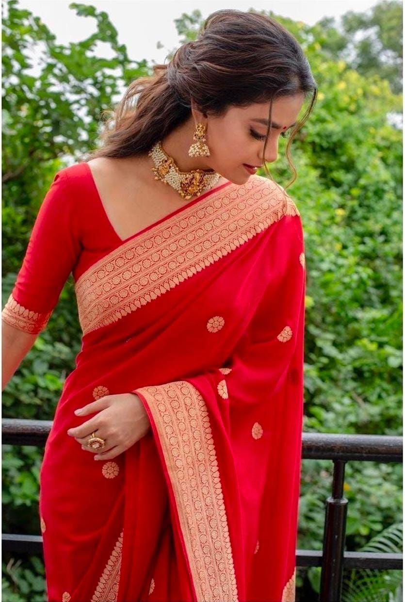 Red Butti Yellow Design Boarder Dola Silk Saree