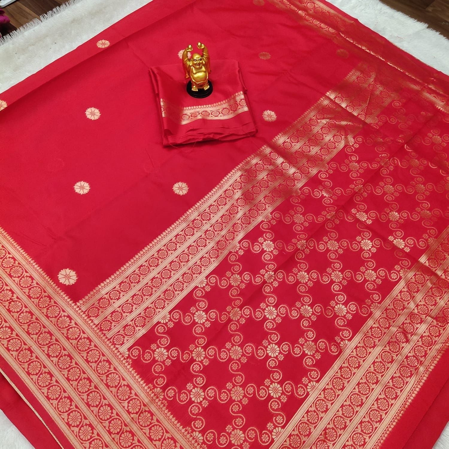 Red Butti Yellow Design Boarder Dola Silk Saree