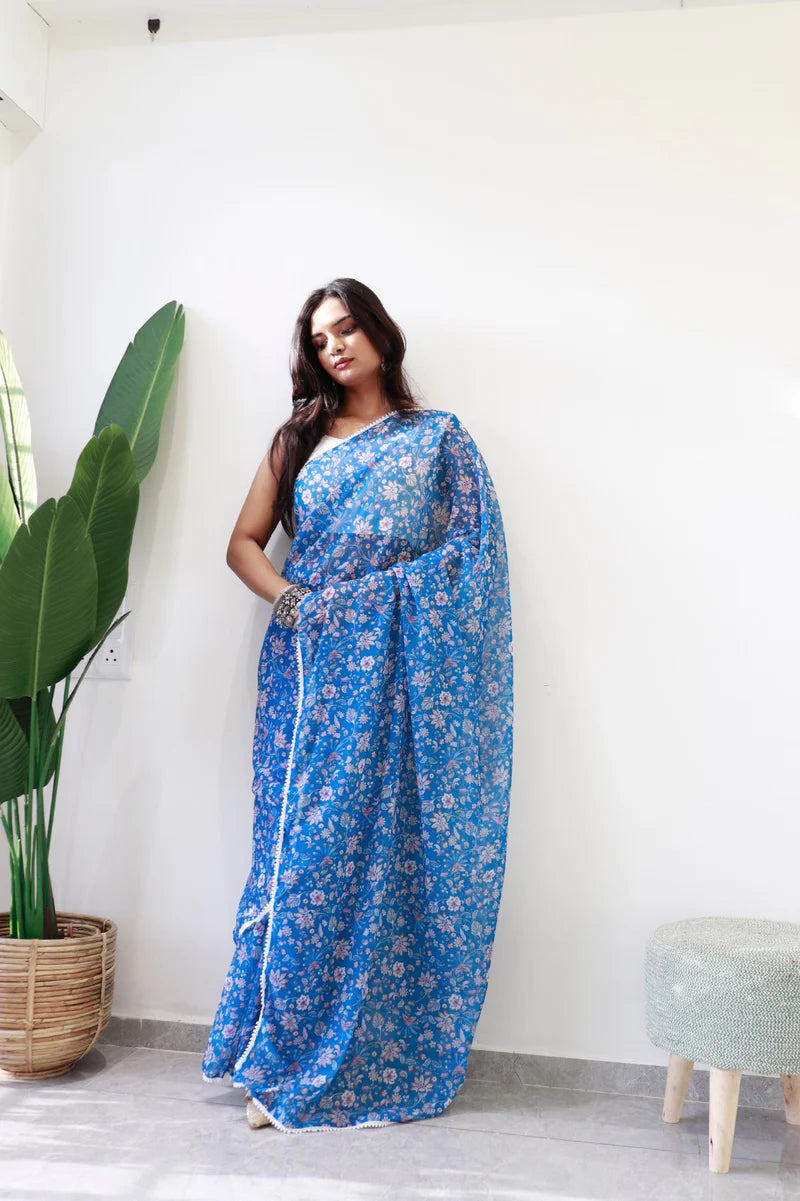 1 min ready to wear blue flower valley saree - blue flower valley