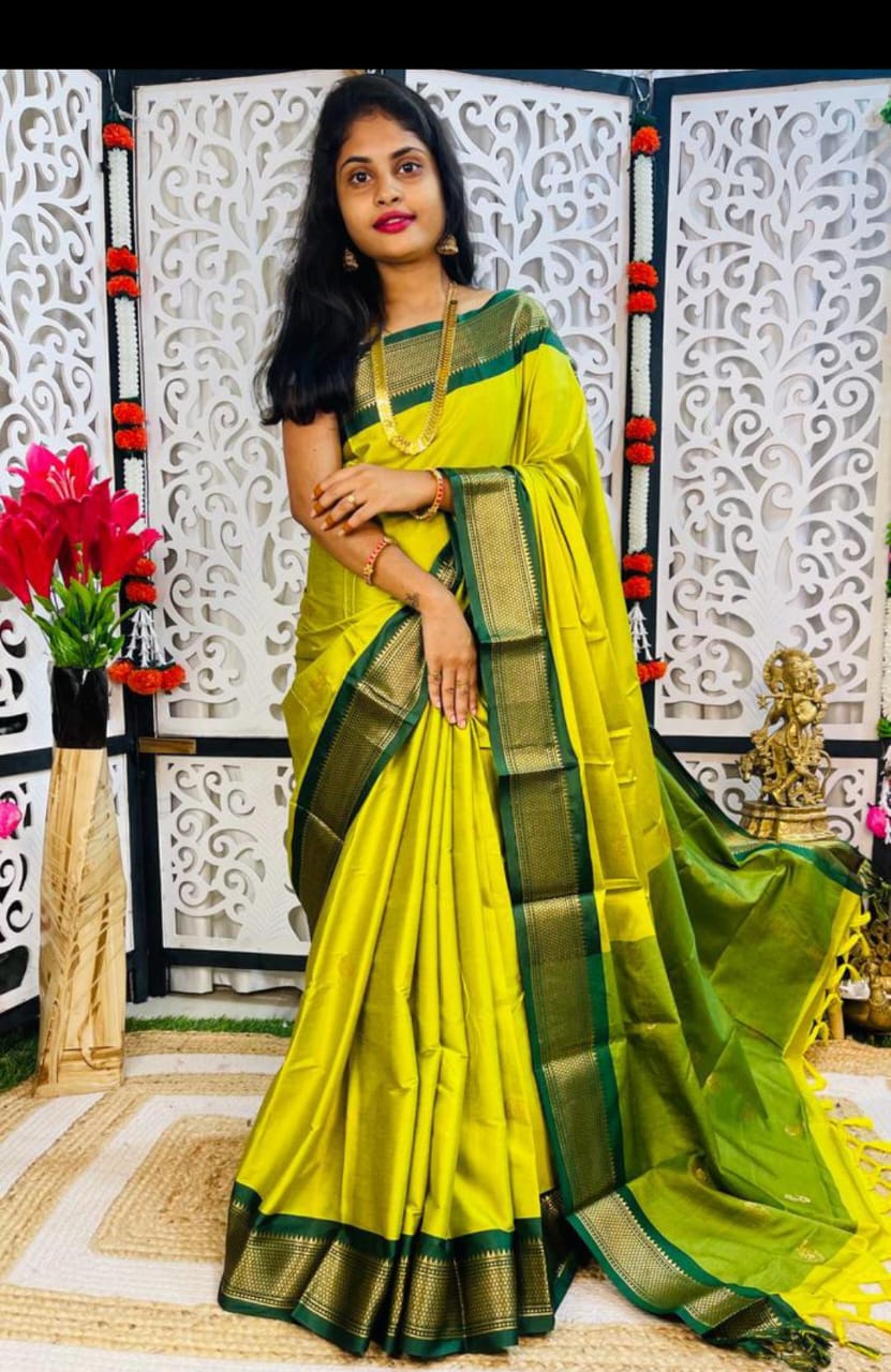 Lemon Yellow and Green pallu Design CP Cotton Saree