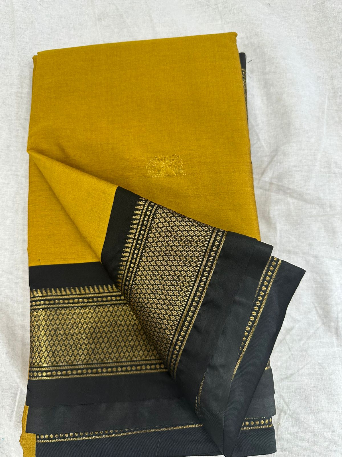 Mustard and Black pallu Design CP Cotton Saree