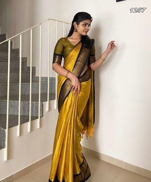 Mustard and Black pallu Design CP Cotton Saree