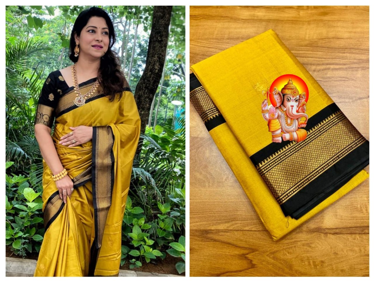 Mustard and Black pallu Design CP Cotton Saree