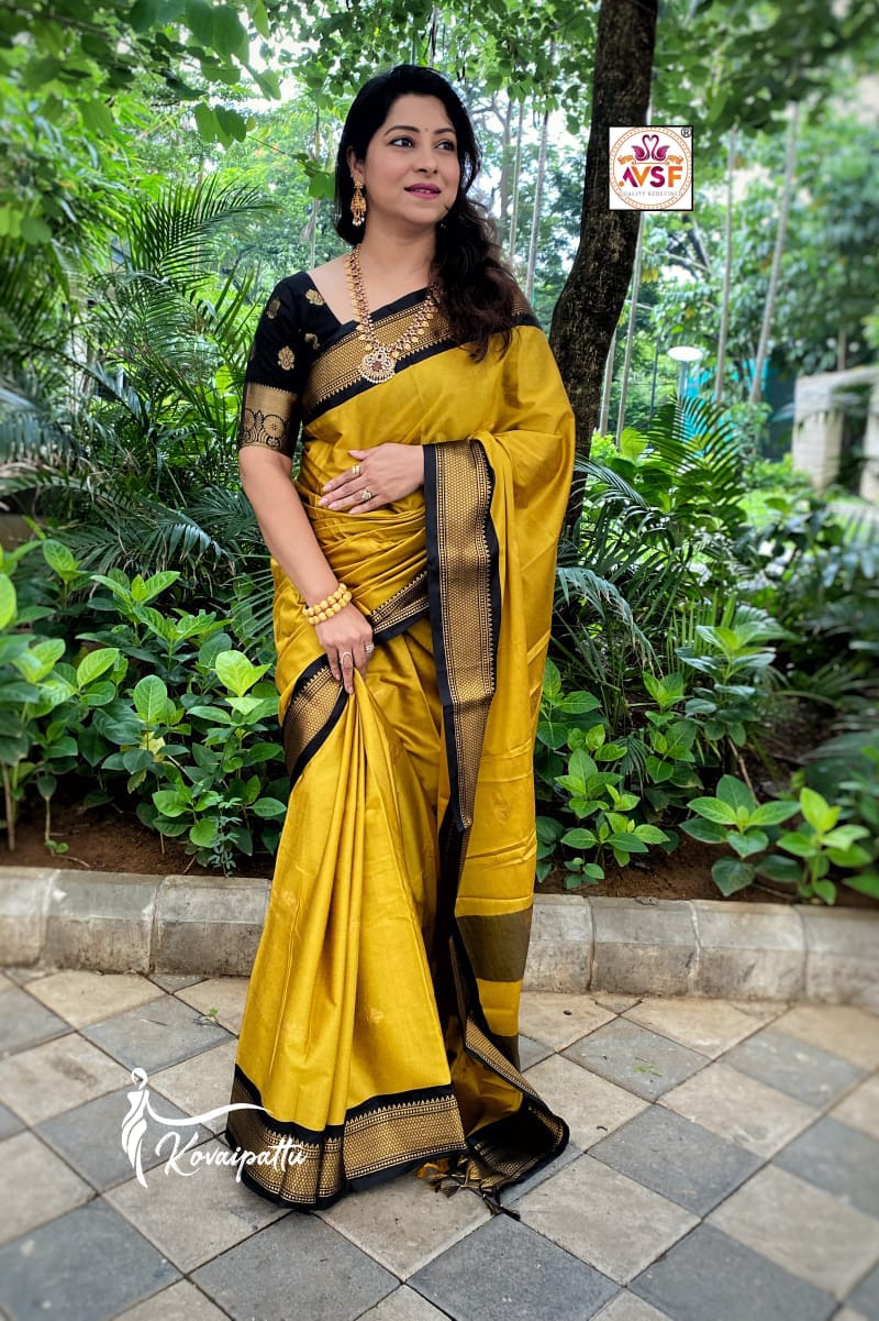 Mustard and Black pallu Design CP Cotton Saree