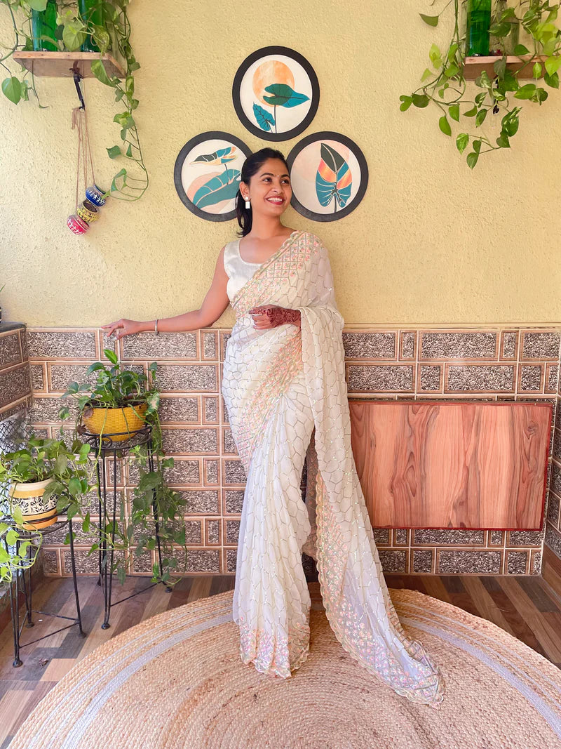 Jwala Cream - Most Beautiful Collection In Georgette With Sequence Embroidery Work All Over Saree